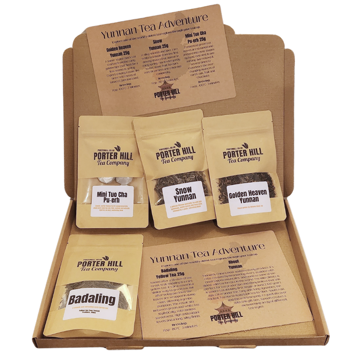 Open Yunnan Tea Adventure gift box with four Chinese loose leaf teas