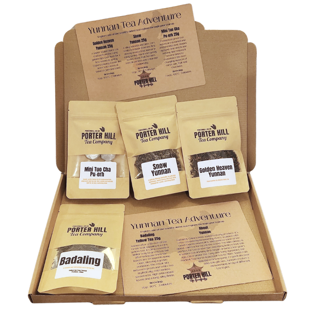 Open Porter Hill Yunnan Tea Adventure gift box with four 25g Chinese tea pouches