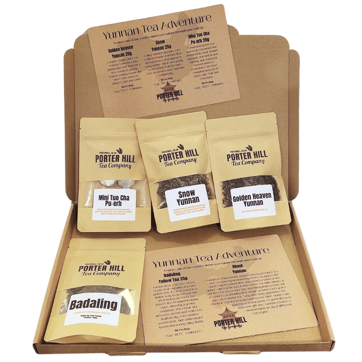 Open Porter Hill Yunnan Tea Adventure gift box with four 25g Chinese tea pouches