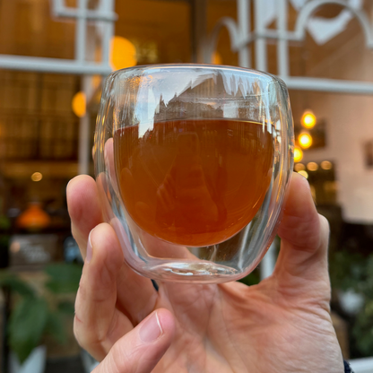 A glass of brewed tea photographed at Porter Hill in Huddersfield