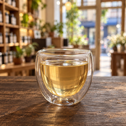 Brewed tea — Pai Mu Tan (White Peony) served plain in a double-wall glass