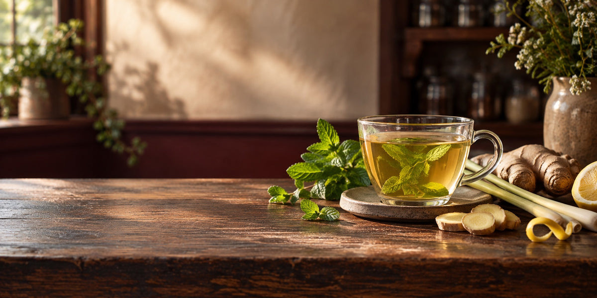 Mint, ginger and lemongrass beside a golden herbal tea on a wooden counter