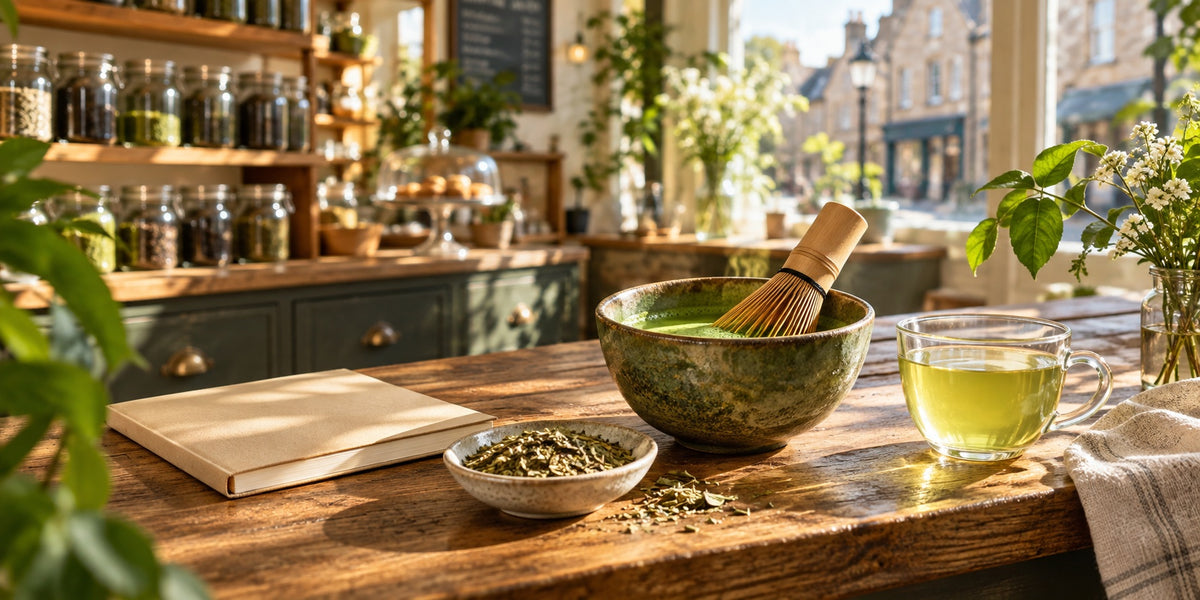 Matcha, green tea and loose leaves in a sunlit independent tea shop