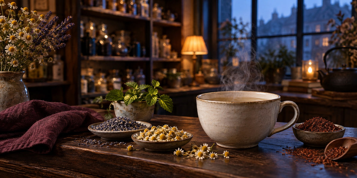 Steaming evening tea with chamomile, lavender, lemon balm and rooibos