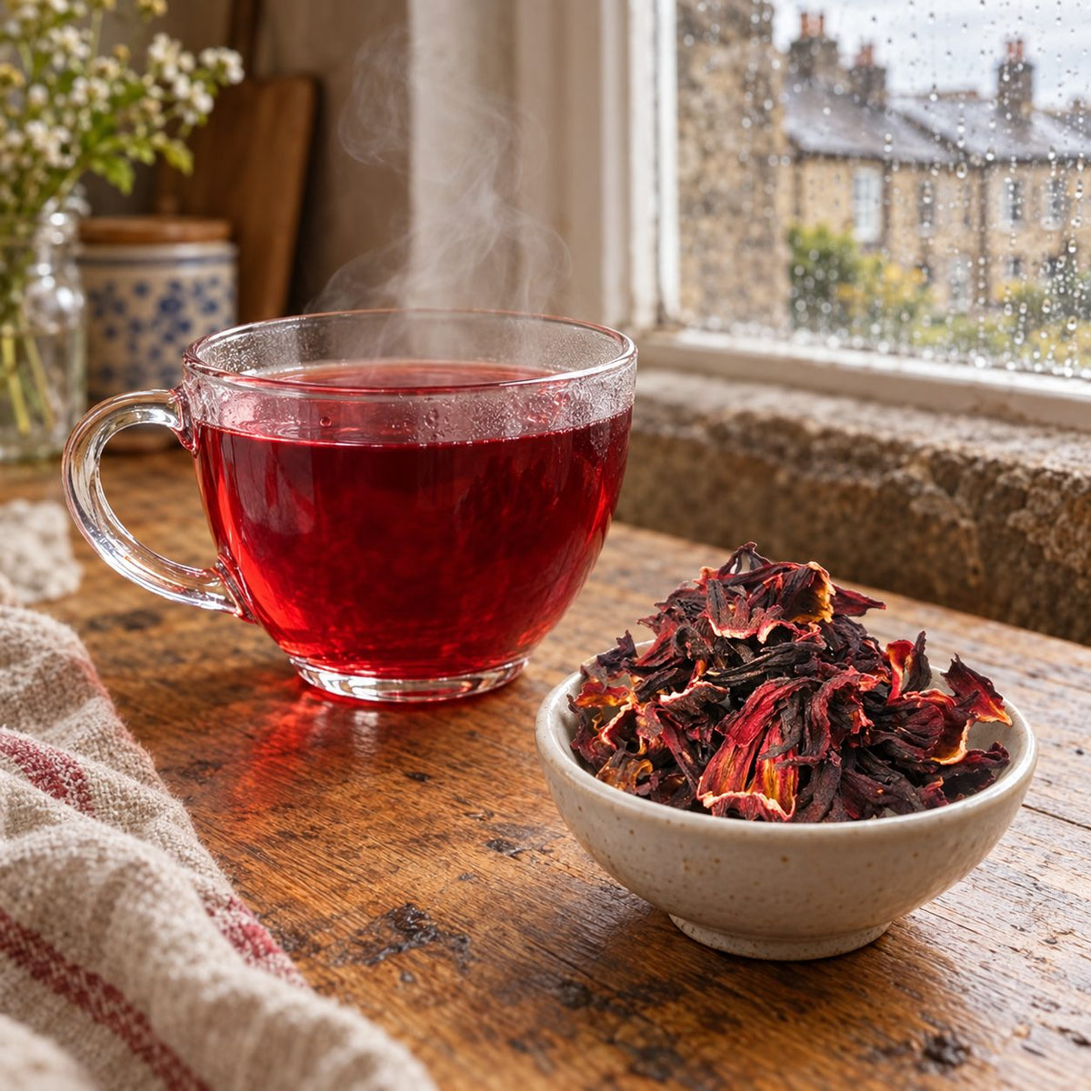 Organic Hibiscus Tea brewed and ready to drink at home