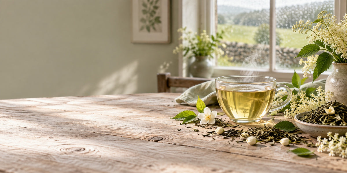 Golden spring tea with jasmine and fresh green leaves in soft daylight