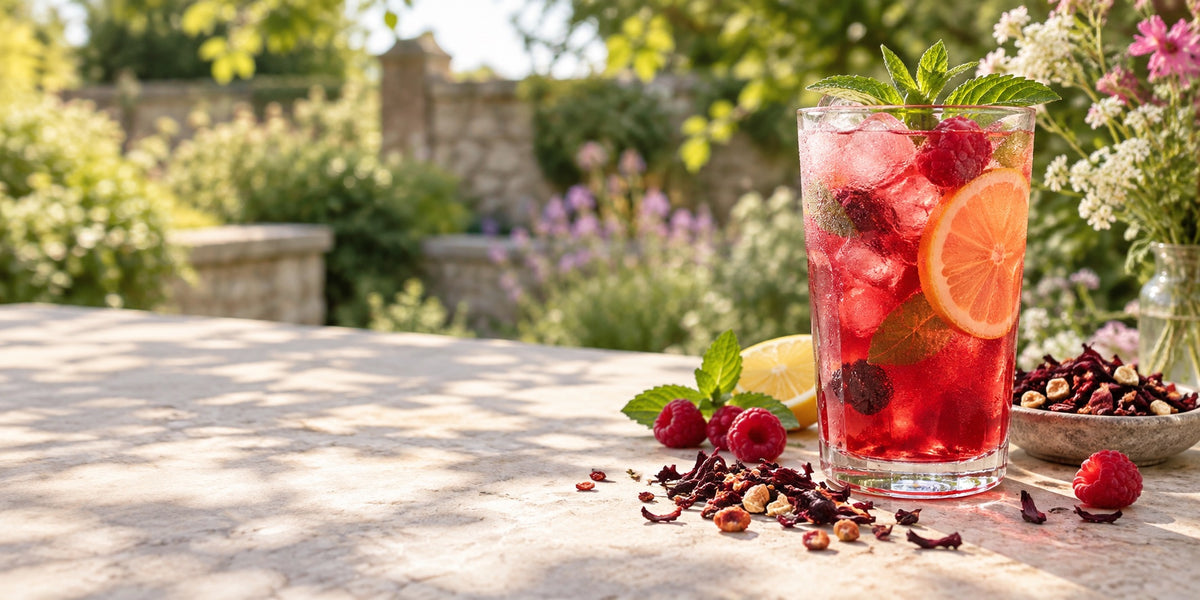 Iced red fruit tea with citrus, berries and mint in a summer garden