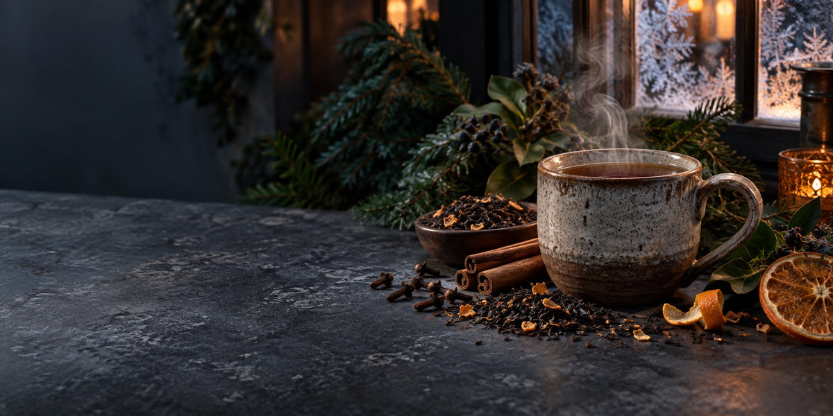 Steaming winter tea with cinnamon and orange beside a frosted window