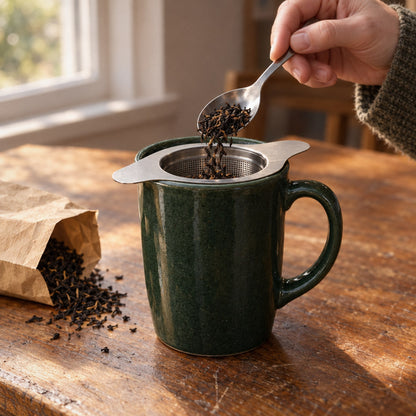 Spooning loose leaf black tea into the basket infuser resting on a green mug