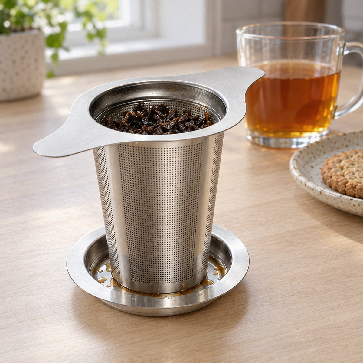 Used basket infuser standing in its upturned lid as a drip tray next to a glass mug of tea
