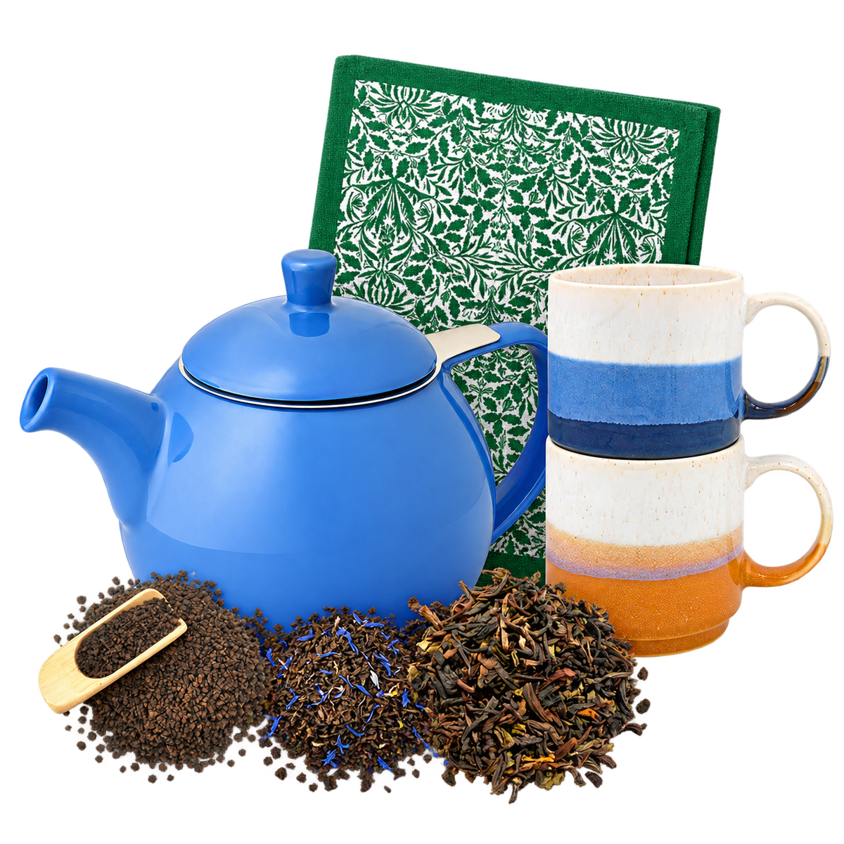 The Complete Tea Ritual: blue FORLIFE teapot, two stacked Elements mugs, Acorn tea towel and three loose leaf teas arranged in a compact overlapping group.