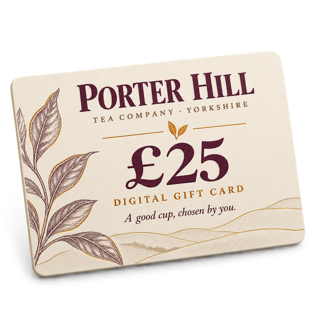 Porter Hill Tea Company £25 digital tea gift card in ivory, plum and gold