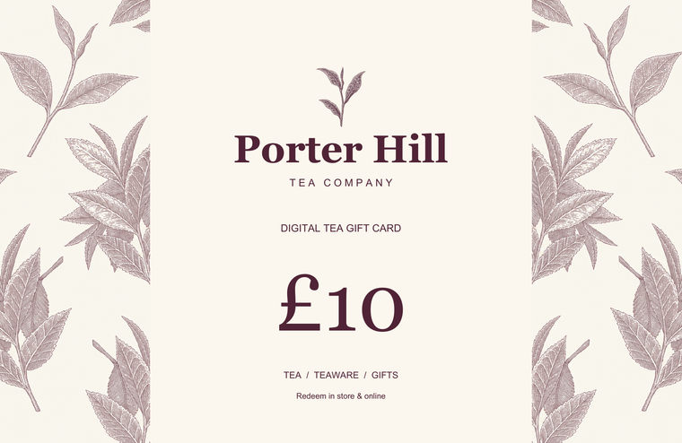 Porter Hill £10 digital gift card using the original repeating botanical brand pattern, with distinct separated illustrations and a clear centre
