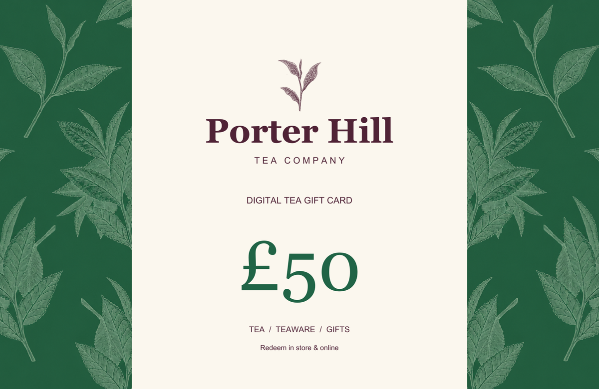 Porter Hill £50 digital gift card using the original repeating botanical brand pattern, with distinct separated illustrations and a clear centre