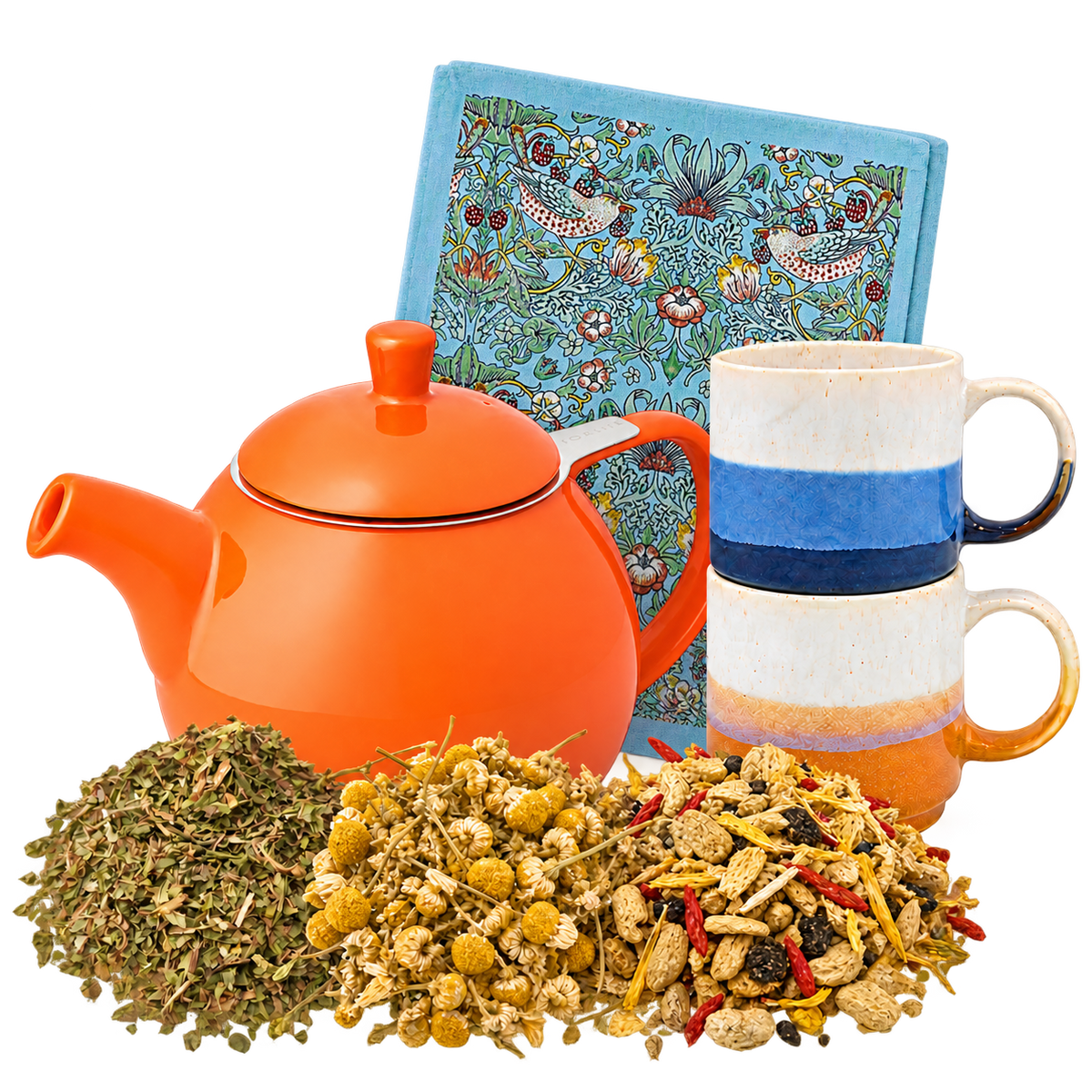 Herbal Tea Ritual with a Carrot orange FORLIFE teapot, two Elements mugs, a blue Strawberry Thief tea towel and three herbal teas.