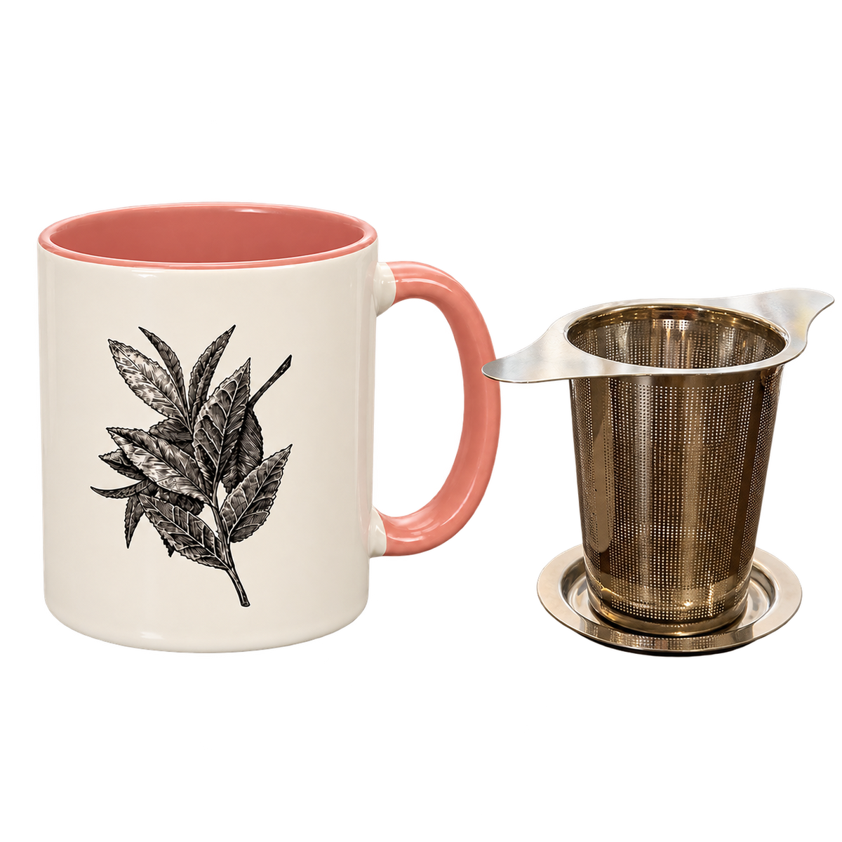Pink Porter Hill mug with Lauren J. Squires’ botanical tea leaf illustration beside the stainless steel basket infuser and lid
