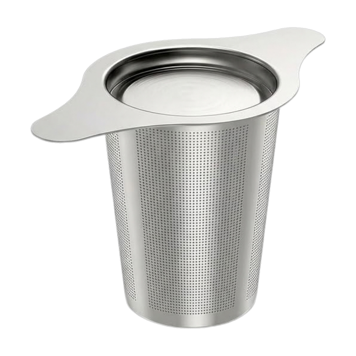 Stainless steel basket infuser with fine mesh, flat side handles and lid in place