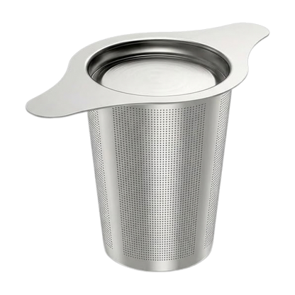 Stainless steel basket infuser with fine mesh, flat side handles and lid in place