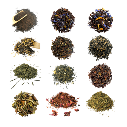 Porter Hill Tea Library: twelve different loose leaf teas and infusions, shown as isolated product photographs.