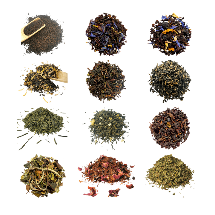 Porter Hill Tea Library: twelve different loose leaf teas and infusions, shown as isolated product photographs.