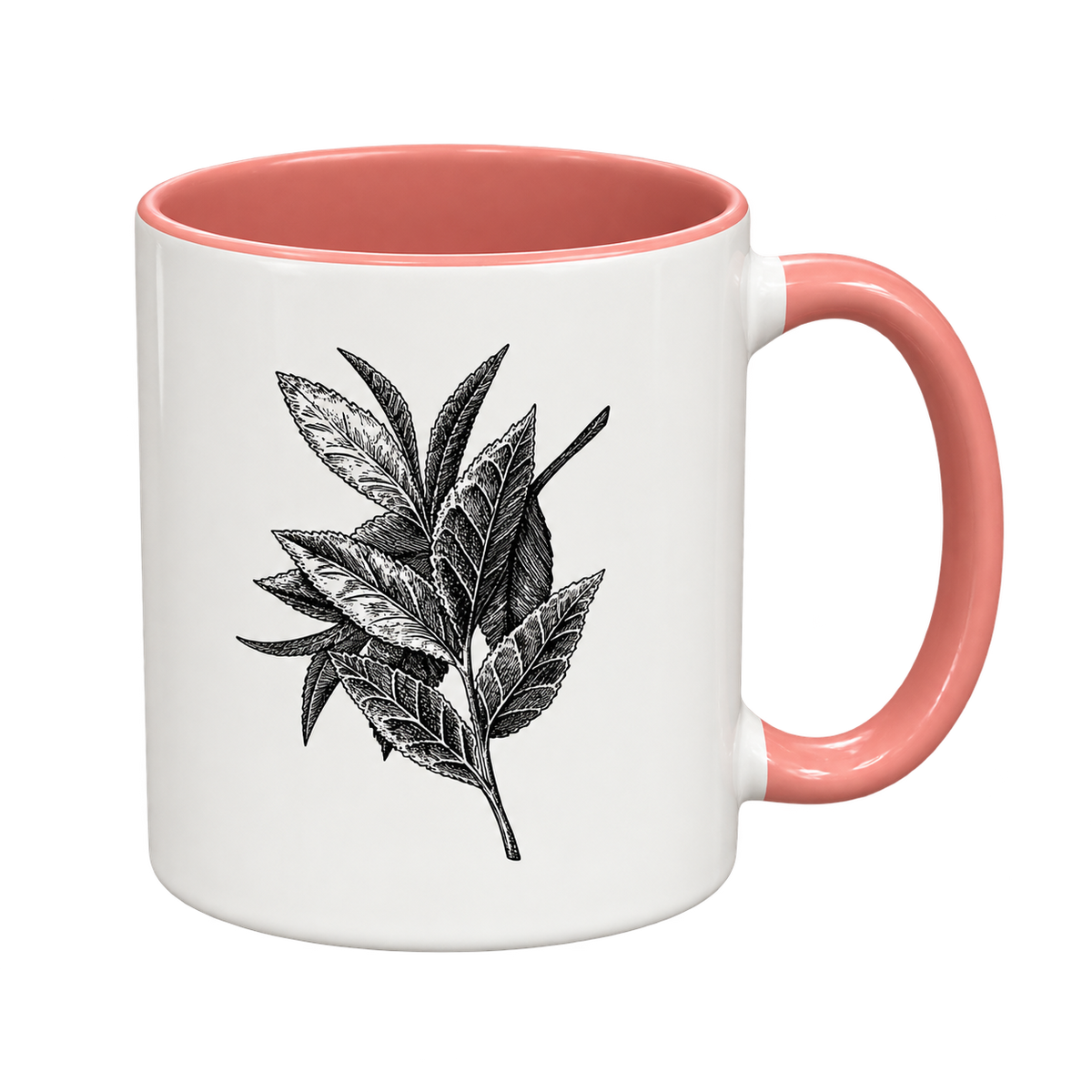 Pink Porter Hill mug showing the detailed botanical tea leaf illustration by Lauren J. Squires