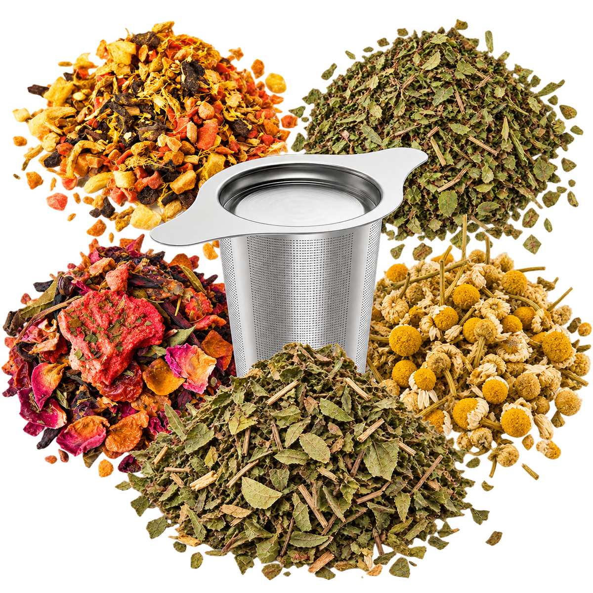 The Wellness Tea Set: five herbal teas with a stainless steel basket infuser, arranged as a compact product group.