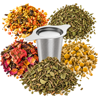The Wellness Tea Set: five herbal teas with a stainless steel basket infuser, arranged as a compact product group.
