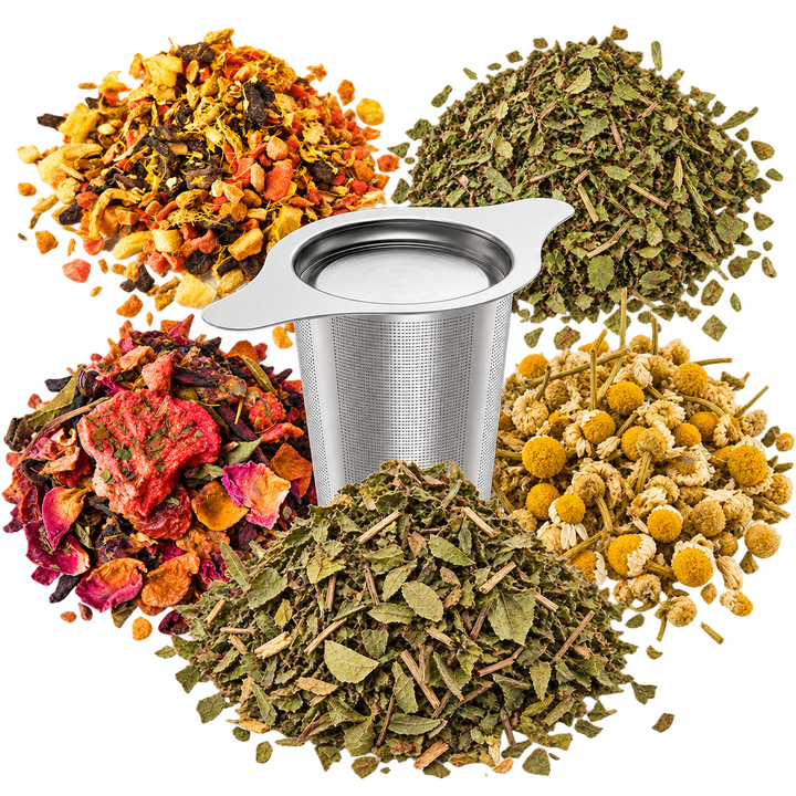 The Wellness Tea Set: five herbal teas with a stainless steel basket infuser, arranged as a compact product group.