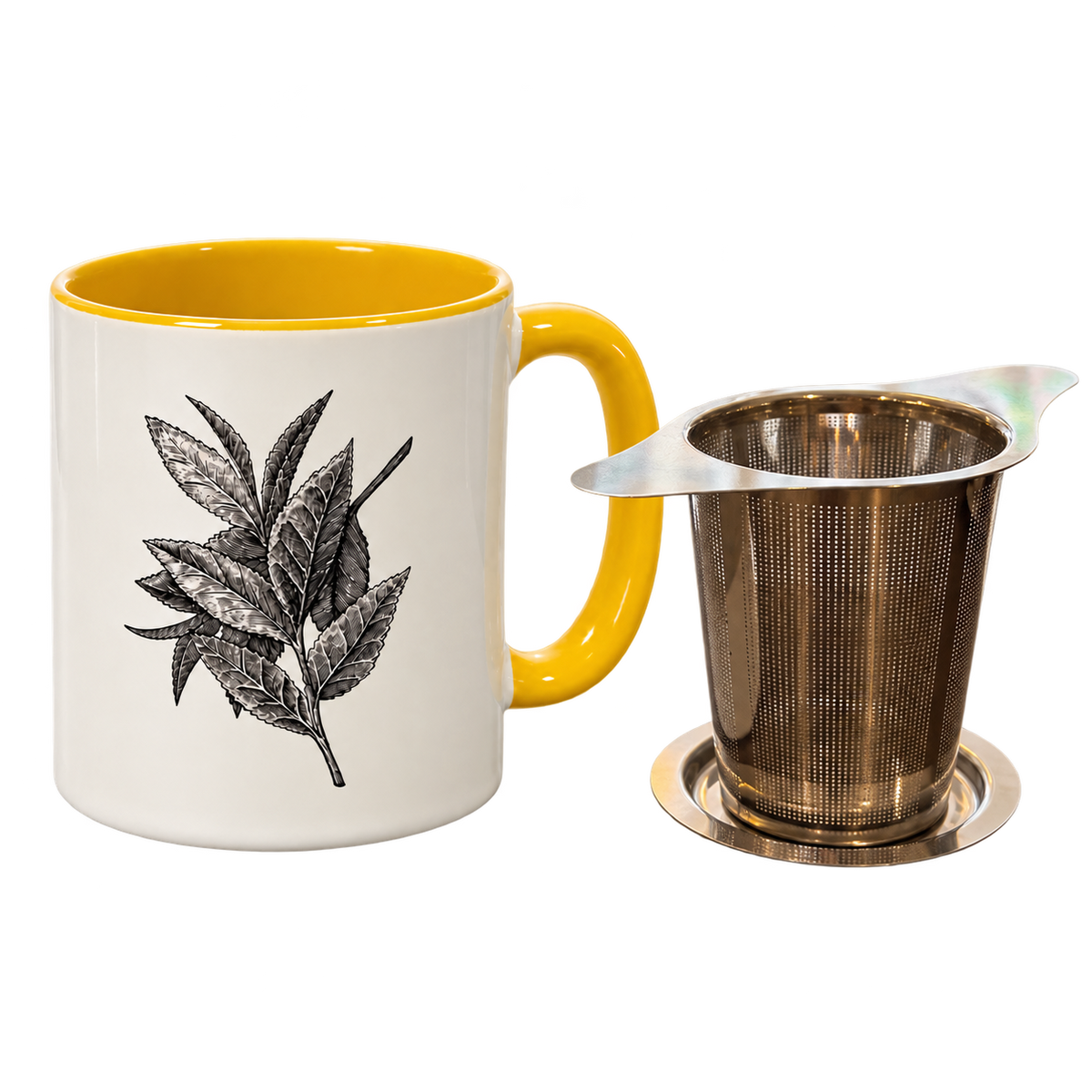 Yellow Porter Hill mug with Lauren J. Squires’ tea leaf illustration beside the stainless steel basket infuser and lid