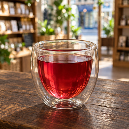 Brewed tea — Raspberry Lemon Verbena, served plain in a double-walled glass cup