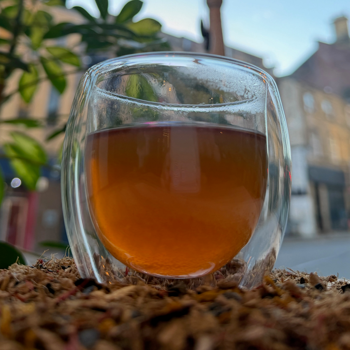 A glass of brewed tea photographed at Porter Hill in Huddersfield