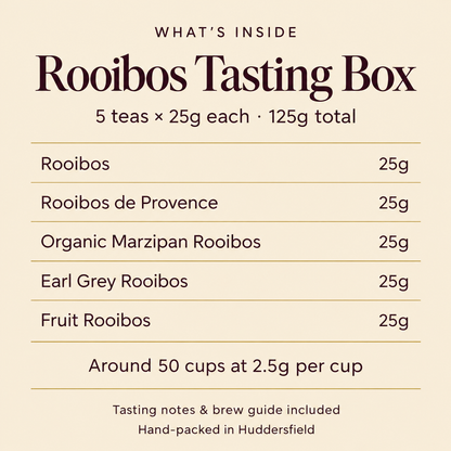 Rooibos Tasting Box — contents and individual pouch weights, 125g total