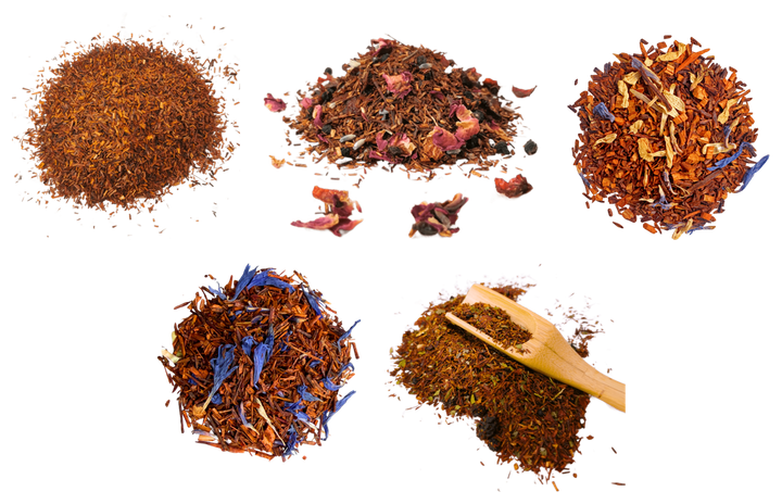 Rooibos Tasting Box — five loose-leaf teas, photographed individually and arranged together