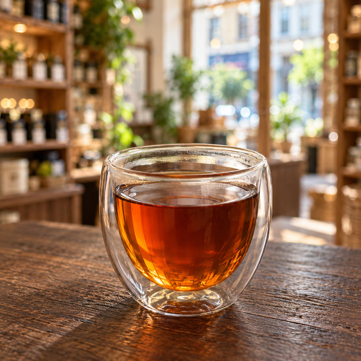Brewed tea — Santosa BOPS, served plain in a double-walled glass cup