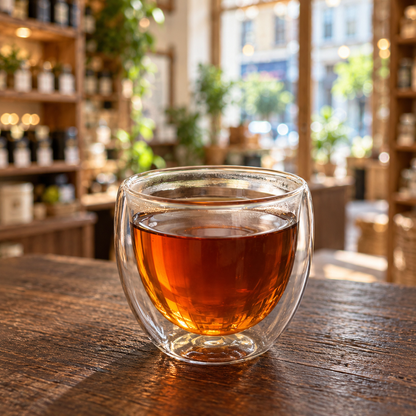 Brewed tea — Santosa BOPS, served plain in a double-walled glass cup