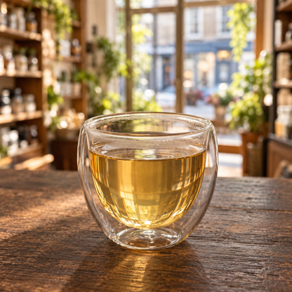 Brewed tea — Snow Yunnan served plain in a double-wall glass
