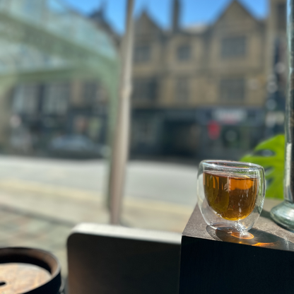 A glass of brewed tea photographed at Porter Hill in Huddersfield