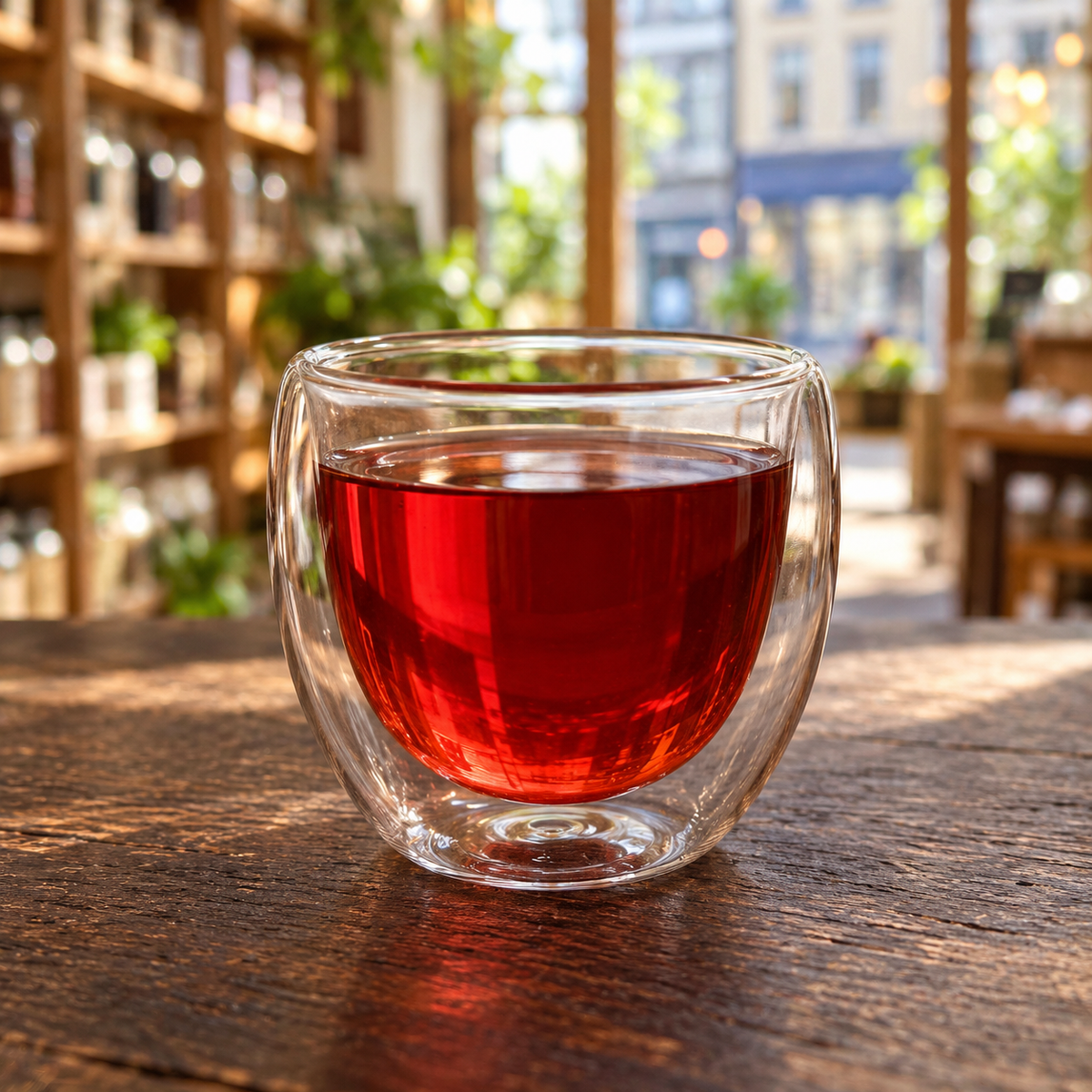 Brewed tea — Strawberry Kiwi, served plain in a double-walled glass cup