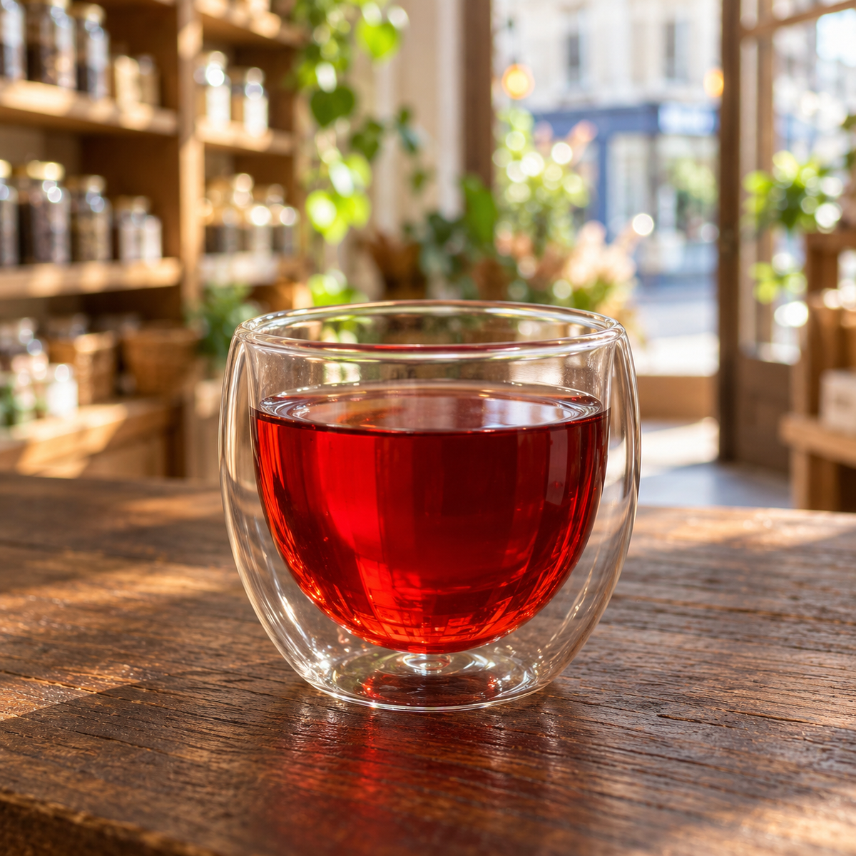 Brewed tea — Strawberry Rhubarb served plain in a double-wall glass