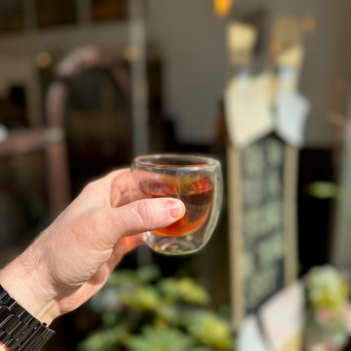 A glass of brewed tea photographed at Porter Hill in Huddersfield