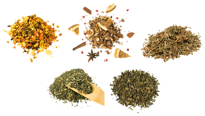 Wellness Tasting Box — five loose-leaf teas, photographed individually and arranged together