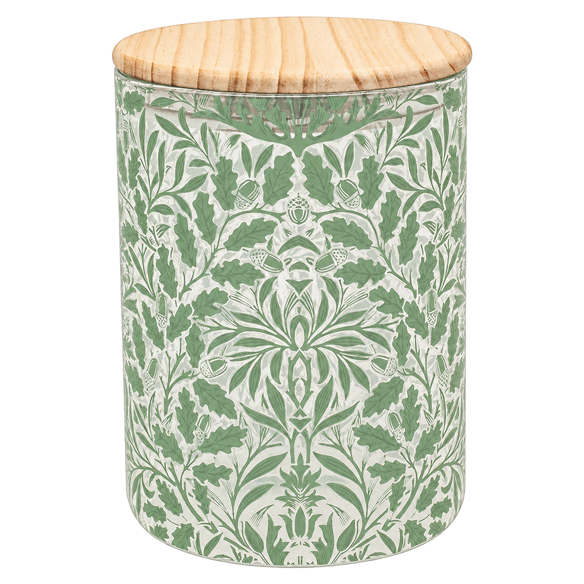 William Morris Acorn canister with wooden lid on transparent background