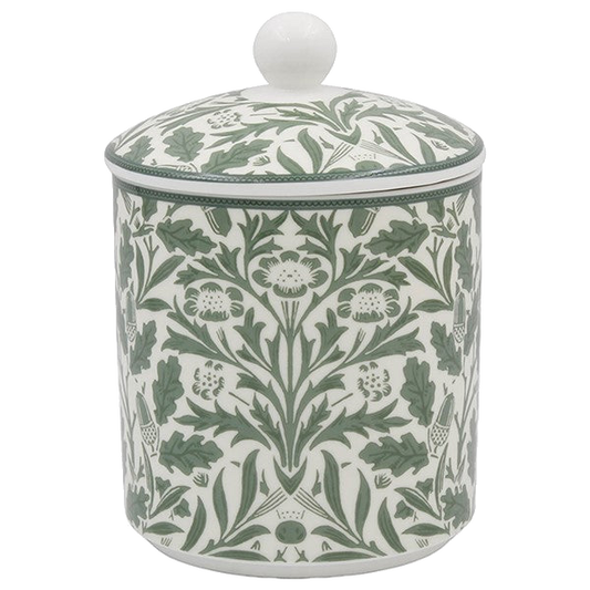 William Morris Acorn fine china storage canister with matching lid on a transparent background
