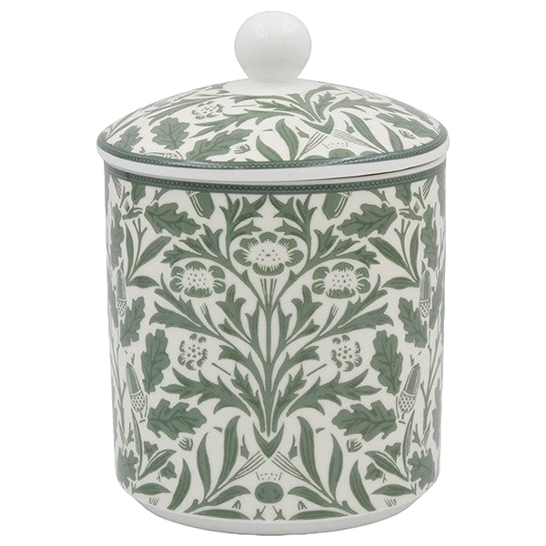 William Morris Acorn fine china storage canister with matching lid on a transparent background