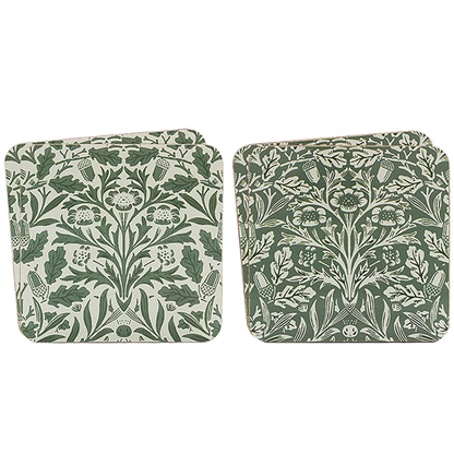 William Morris Acorn coasters in green and cream botanical colourways