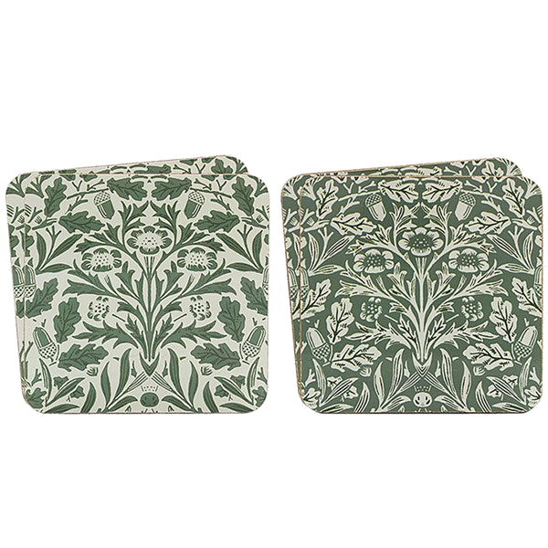 Set of four cork-backed William Morris Acorn coasters on a transparent background