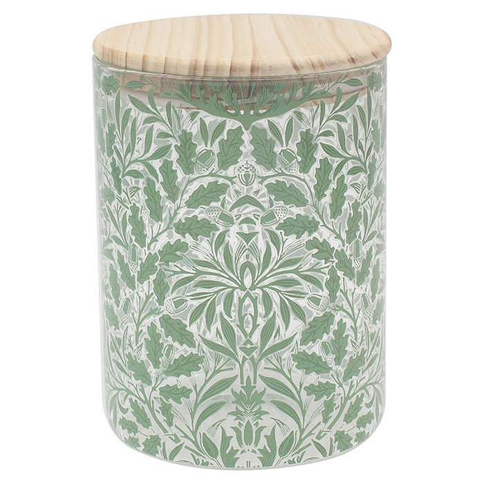 William Morris Acorn medium storage canister with green and cream pattern and flat wooden lid