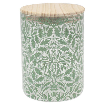 William Morris Acorn medium storage canister with green and cream pattern and flat wooden lid