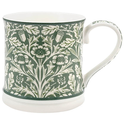 William Morris Acorn tankard mug with green and cream botanical pattern and curved handle