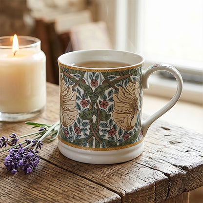 William Morris Pimpernel tankard mug with cream flowers, green leaves and pink details